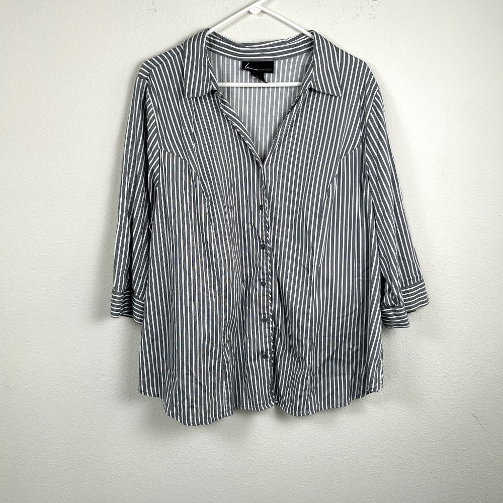 Lane Bryant Top Size 24 Gray Striped Button Front Shirt 3/4 Sleeve Stretch